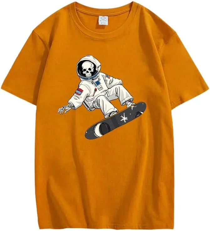 CORIRESHA Women's Skull Astronaut T-Shirt Casual Crewneck Short Sleeve Summer Skateboarding Top