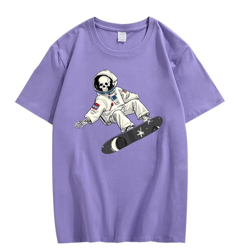 CORIRESHA Women's Skull Astronaut T-Shirt Casual Crewneck Short Sleeve Summer Skateboarding Top