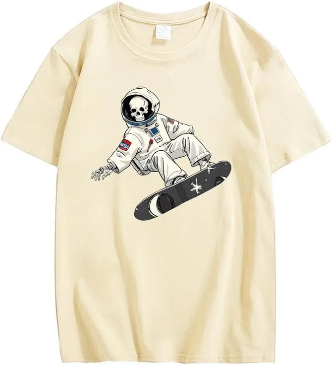 CORIRESHA Women's Skull Astronaut T-Shirt Casual Crewneck Short Sleeve Summer Skateboarding Top