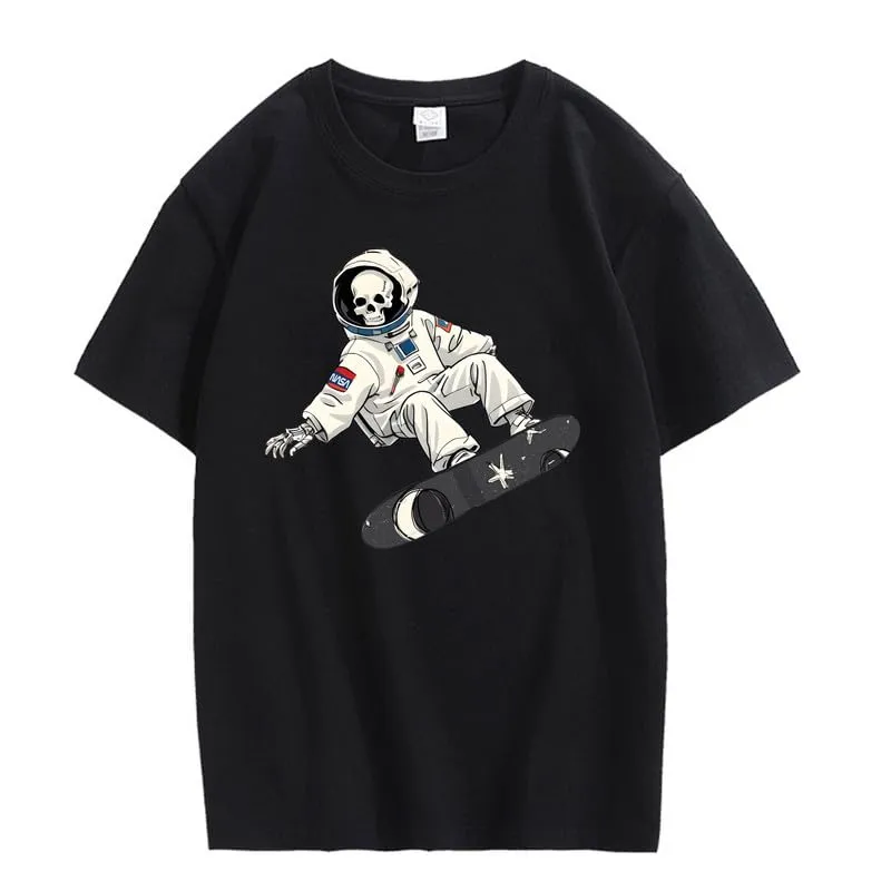 CORIRESHA Women's Skull Astronaut T-Shirt Casual Crewneck Short Sleeve Summer Skateboarding Top