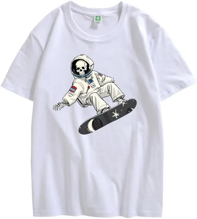 CORIRESHA Women's Skull Astronaut T-Shirt Casual Crewneck Short Sleeve Summer Skateboarding Top