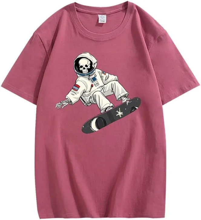 CORIRESHA Women's Skull Astronaut T-Shirt Casual Crewneck Short Sleeve Summer Skateboarding Top