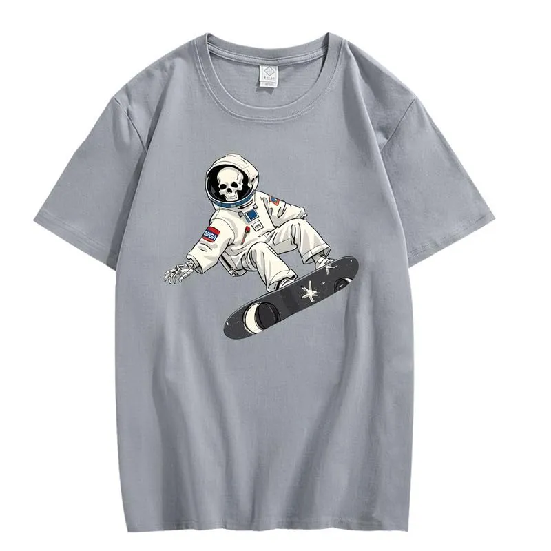 CORIRESHA Women's Skull Astronaut T-Shirt Casual Crewneck Short Sleeve Summer Skateboarding Top