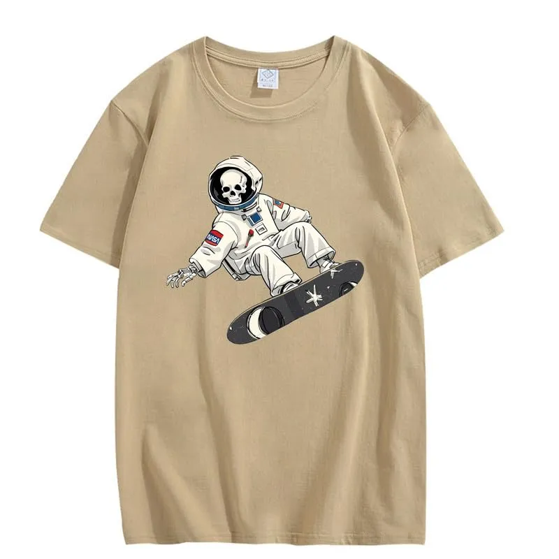 CORIRESHA Women's Skull Astronaut T-Shirt Casual Crewneck Short Sleeve Summer Skateboarding Top