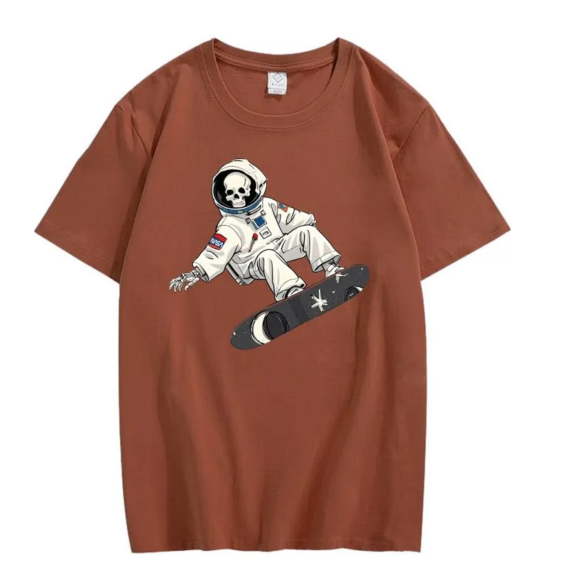 CORIRESHA Women's Skull Astronaut T-Shirt Casual Crewneck Short Sleeve Summer Skateboarding Top