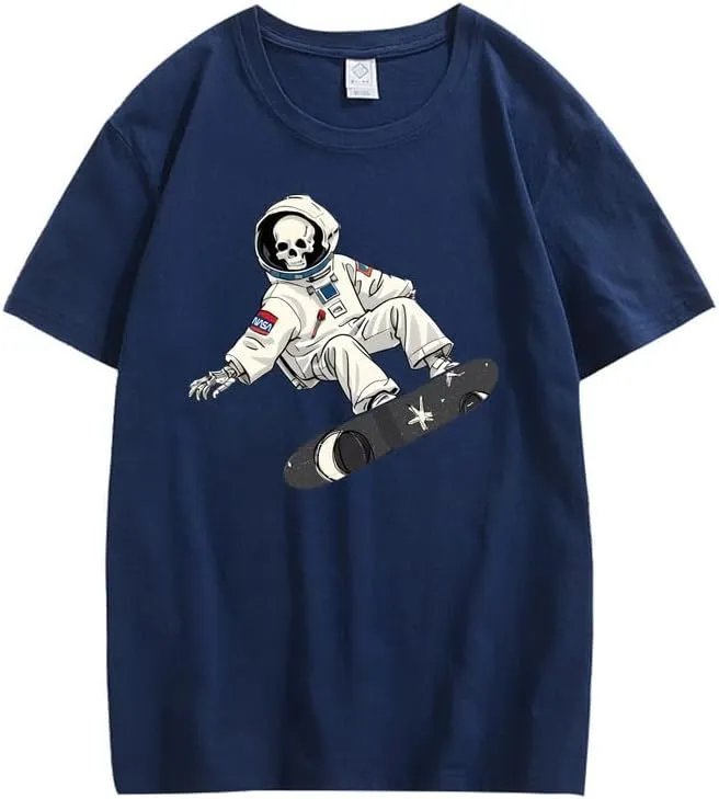 CORIRESHA Women's Skull Astronaut T-Shirt Casual Crewneck Short Sleeve Summer Skateboarding Top