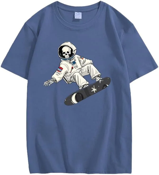 CORIRESHA Women's Skull Astronaut T-Shirt Casual Crewneck Short Sleeve Summer Skateboarding Top