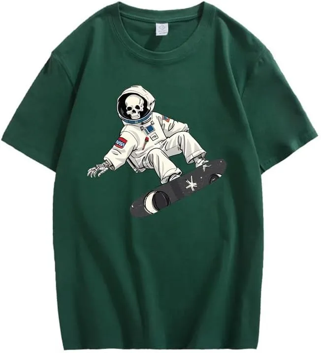 CORIRESHA Women's Skull Astronaut T-Shirt Casual Crewneck Short Sleeve Summer Skateboarding Top