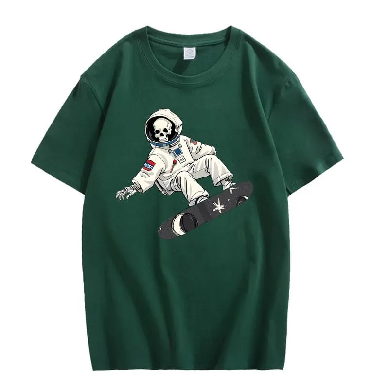 CORIRESHA Women's Skull Astronaut T-Shirt Casual Crewneck Short Sleeve Summer Skateboarding Top