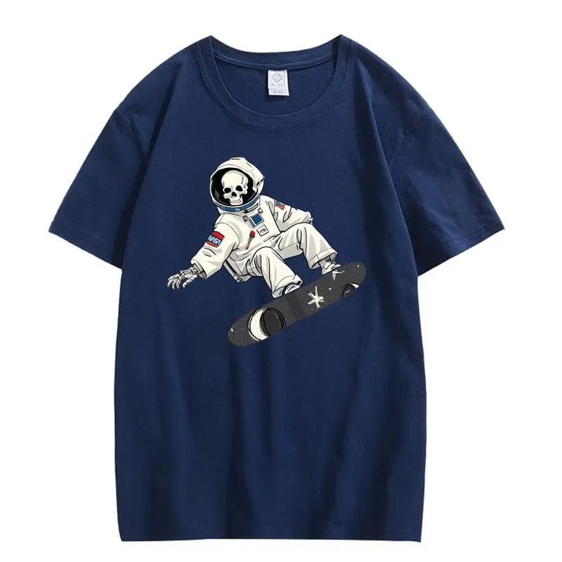 CORIRESHA Women's Skull Astronaut T-Shirt Casual Crewneck Short Sleeve Summer Skateboarding Top