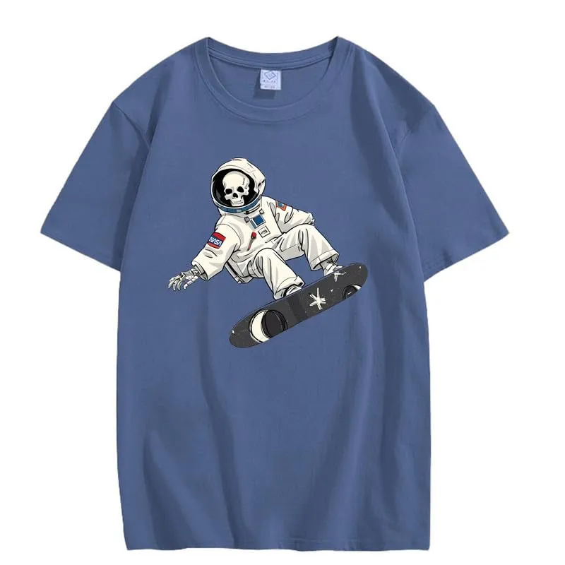 CORIRESHA Women's Skull Astronaut T-Shirt Casual Crewneck Short Sleeve Summer Skateboarding Top