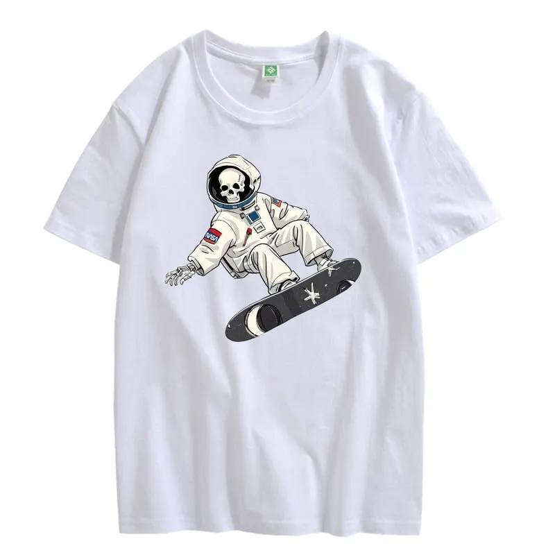 CORIRESHA Women's Skull Astronaut T-Shirt Casual Crewneck Short Sleeve Summer Skateboarding Top