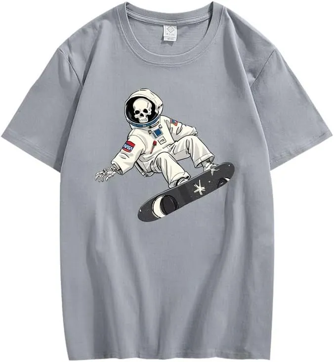 CORIRESHA Women's Skull Astronaut T-Shirt Casual Crewneck Short Sleeve Summer Skateboarding Top