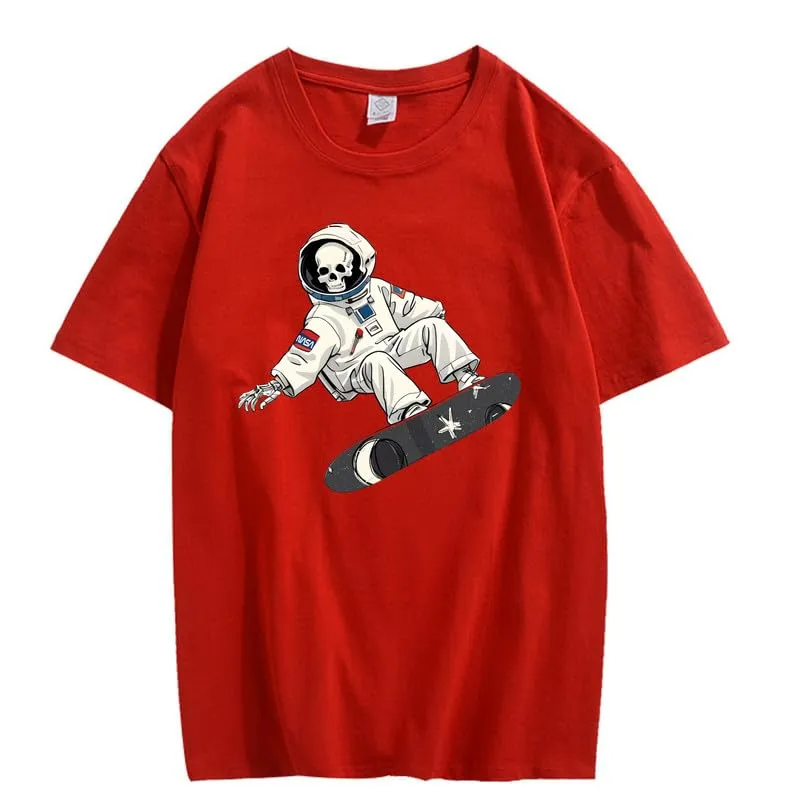 CORIRESHA Women's Skull Astronaut T-Shirt Casual Crewneck Short Sleeve Summer Skateboarding Top