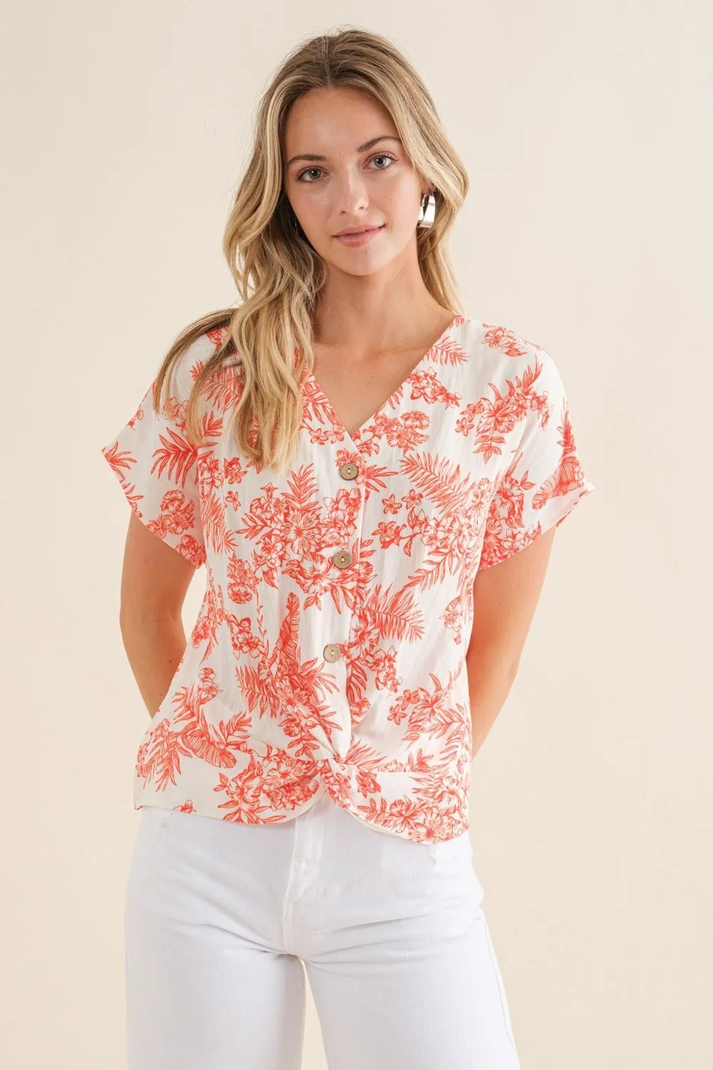 Cozy Co Flower Twist Front Blouse