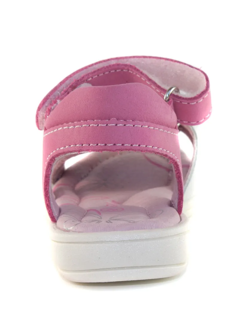 D.D. Step little kid double strap girl sandals pink and shiny white with flower size US 8.5-12