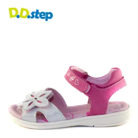 D.D. Step little kid double strap girl sandals pink and shiny white with flower size US 8.5-12