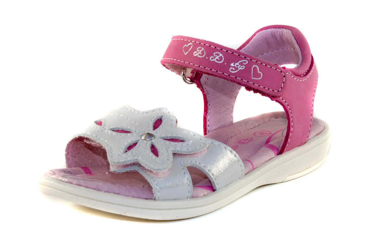 D.D. Step little kid double strap girl sandals pink and shiny white with flower size US 8.5-12