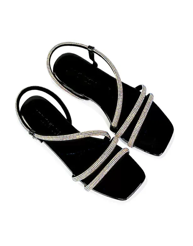 Dove Sparkly Low Heel Square Toe Strappy Diamante Flat Sandals in Silver