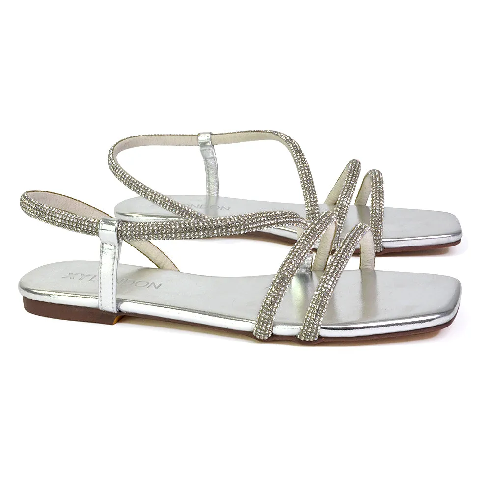 Dove Sparkly Low Heel Square Toe Strappy Diamante Flat Sandals in Silver