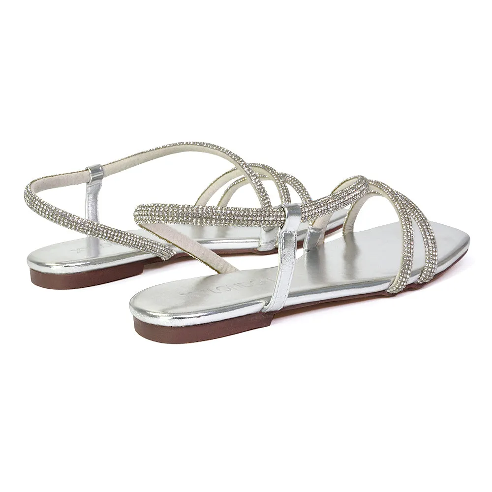 Dove Sparkly Low Heel Square Toe Strappy Diamante Flat Sandals in Silver