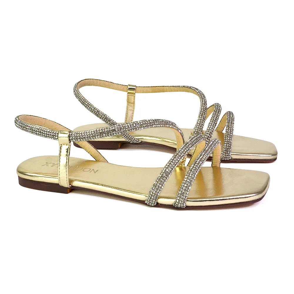 Dove Sparkly Low Heel Square Toe Strappy Diamante Flat Sandals in Silver