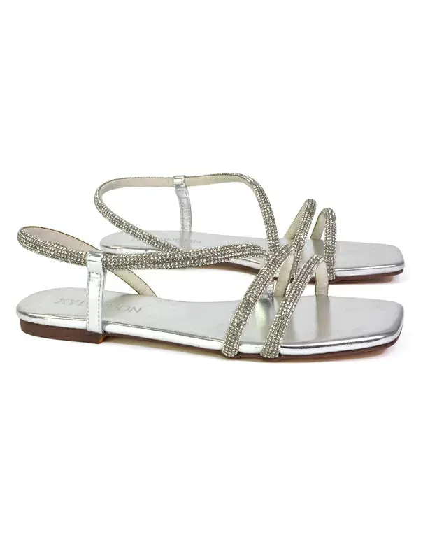 Dove Sparkly Low Heel Square Toe Strappy Diamante Flat Sandals in Silver