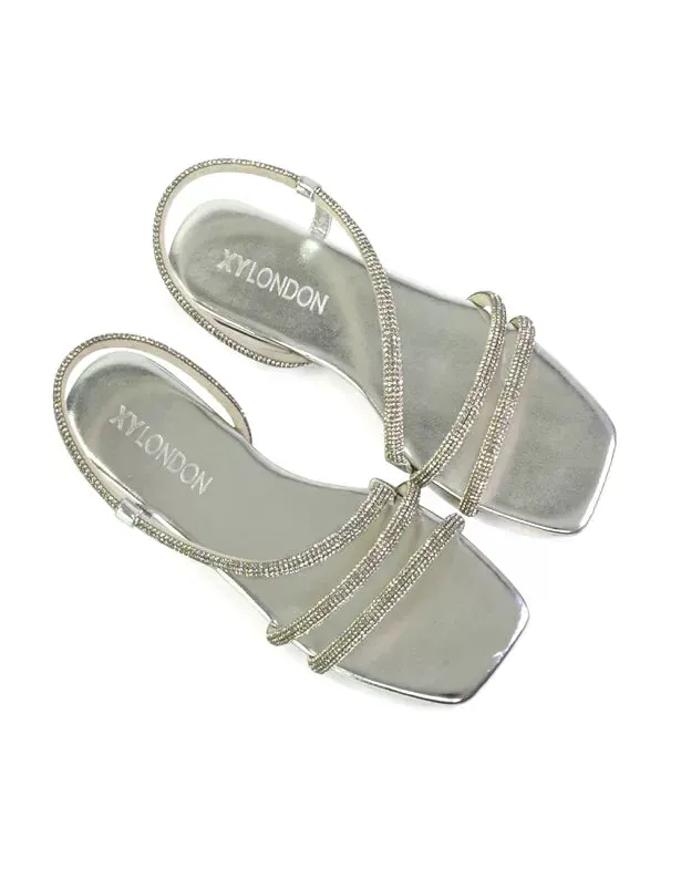 Dove Sparkly Low Heel Square Toe Strappy Diamante Flat Sandals in Silver