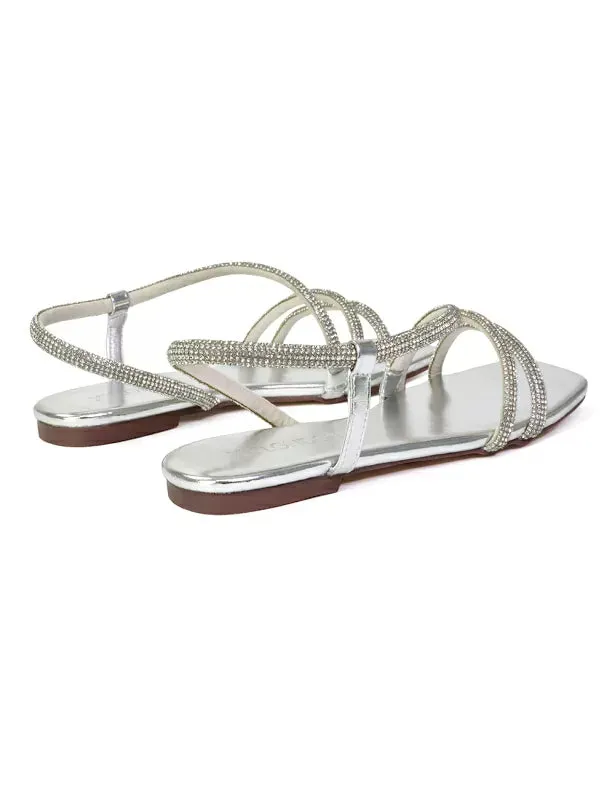 Dove Sparkly Low Heel Square Toe Strappy Diamante Flat Sandals in Silver