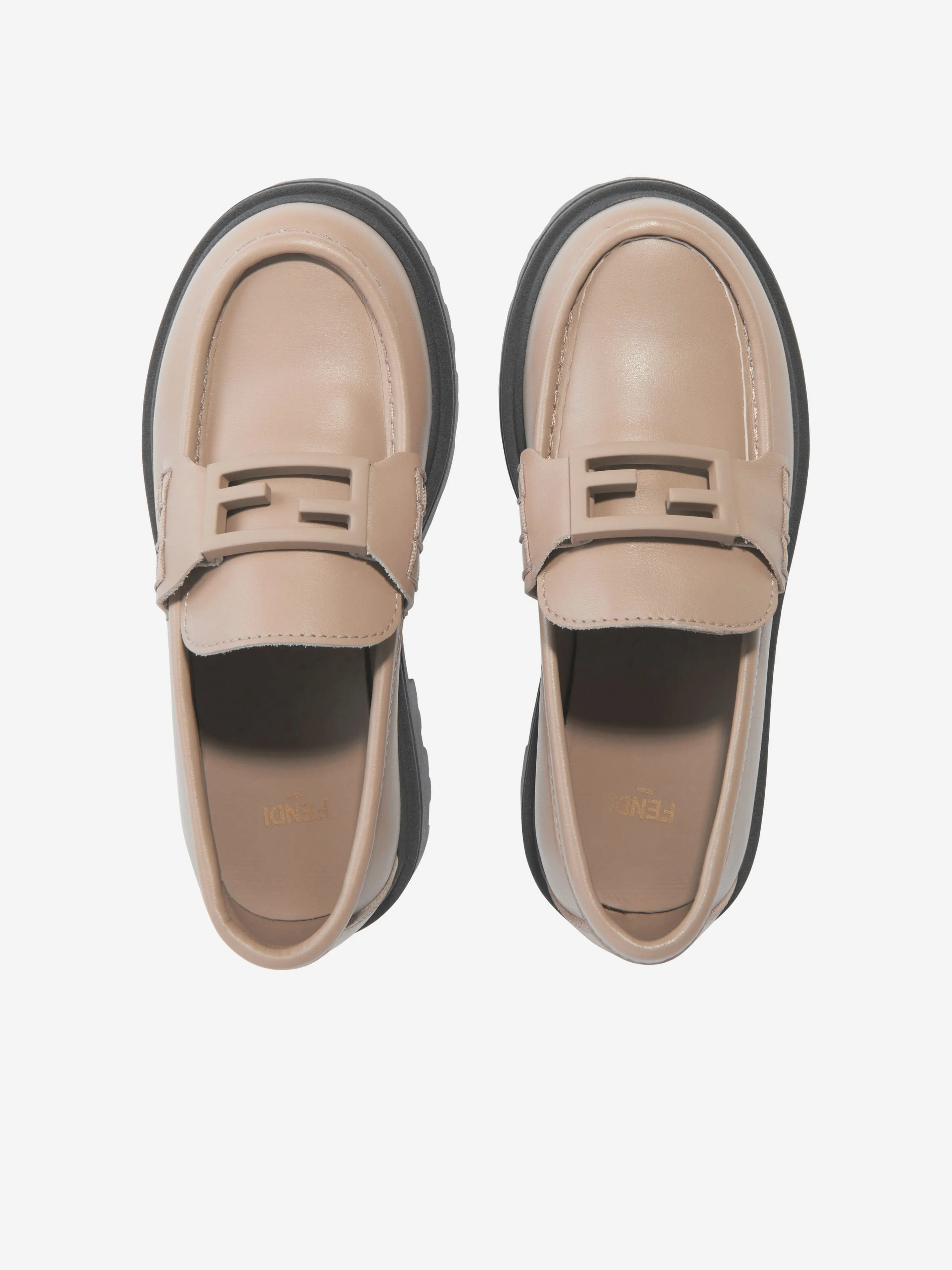 Fendi Kids Leather Logo Loafers in Beige