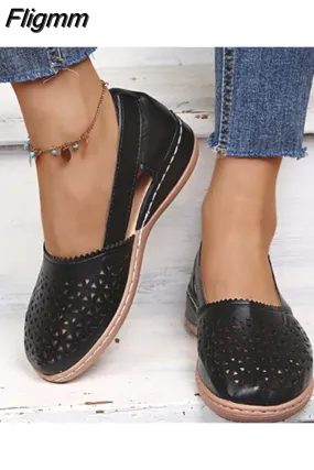 Fligmm Vintage Hollow Out Wedges Casual Shoes Women Summer Pu Leather Loafers Shoes Woman Plus Size 43 Lightweight Slip-On Flats 516-1 0410