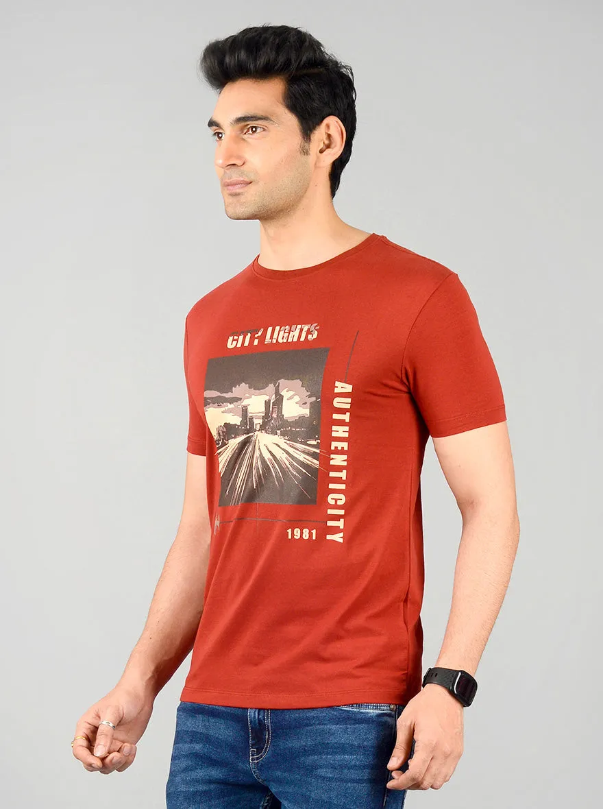 Garnet Red Printed Slim Fit T-shirt | JadeBlue