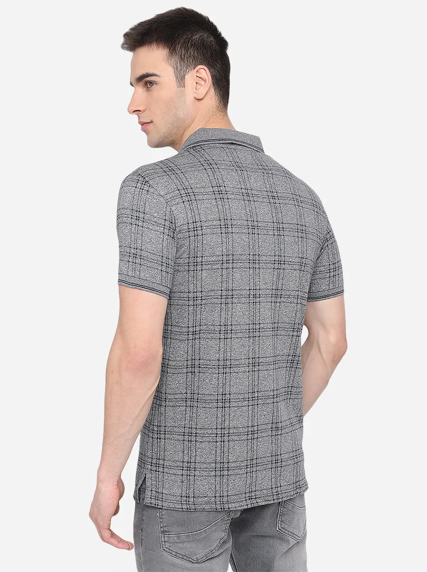 Grey Printed Slim Fit Polo T-Shirt | JadeBlue