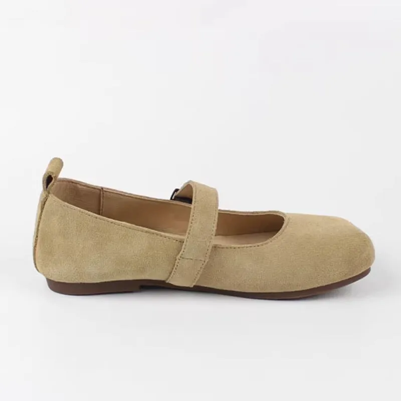 Handmade Suede Leather Mary Jane Breathable in Apricot/Brown