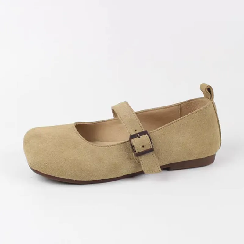 Handmade Suede Leather Mary Jane Breathable in Apricot/Brown