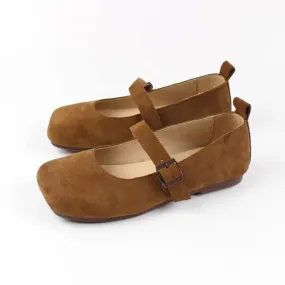 Handmade Suede Leather Mary Jane Breathable in Apricot/Brown