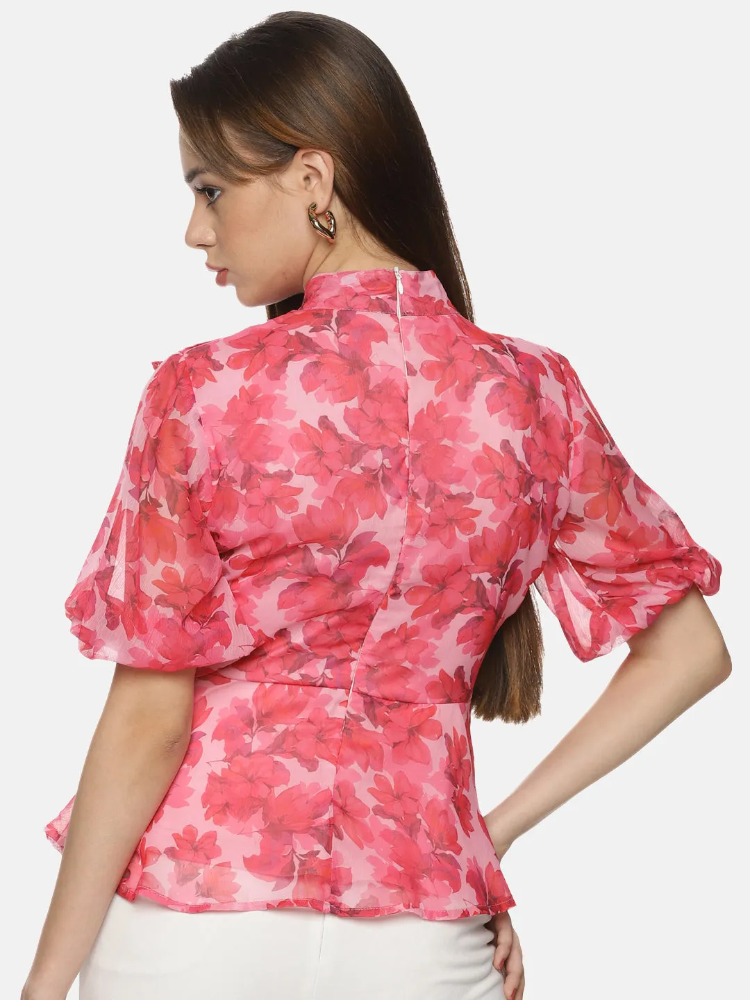 IS.U Floral Pink High Neck Peplum Top