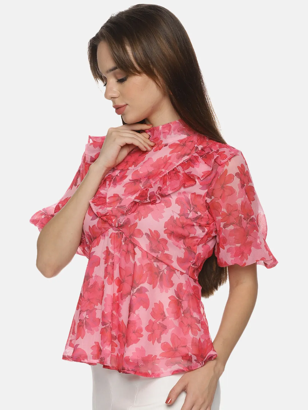 IS.U Floral Pink High Neck Peplum Top