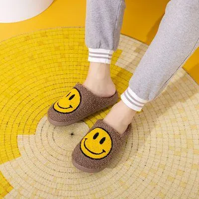 Khaki Yellow Smiley Face Slippers