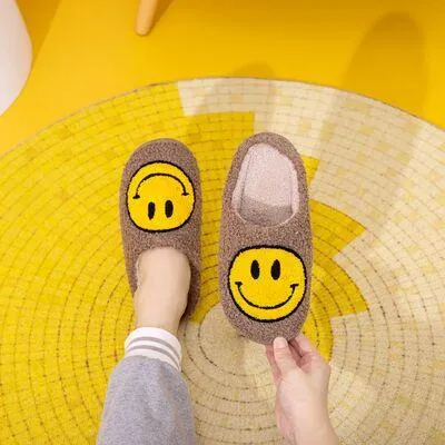 Khaki Yellow Smiley Face Slippers