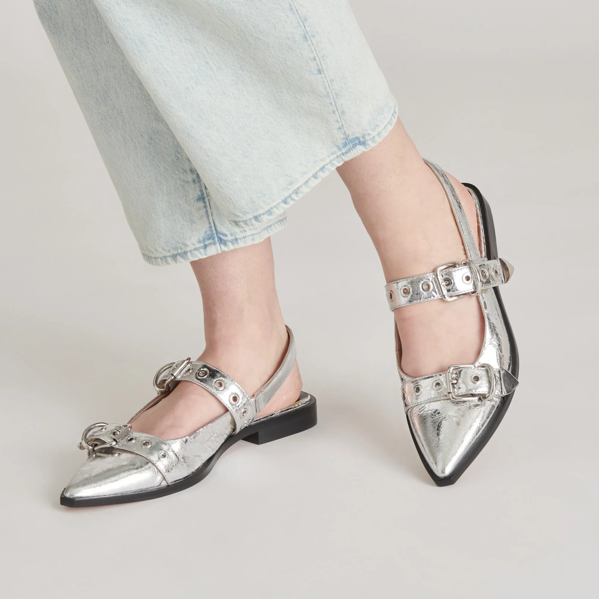 LABELL FLATS SILVER DISTRESSED LEATHER