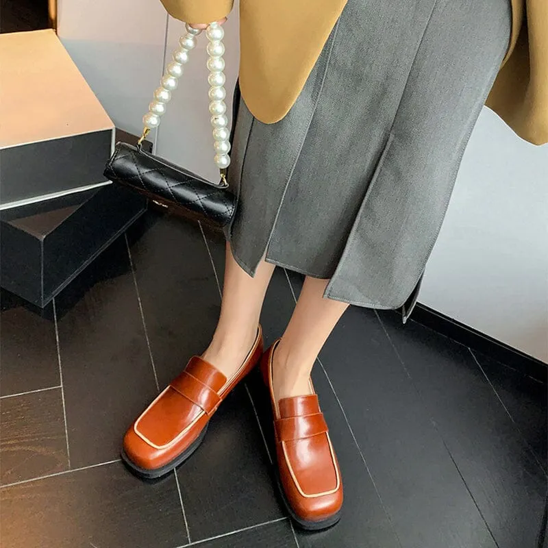 Leather Penny Loafers for Women Square Toe in Orange/Black