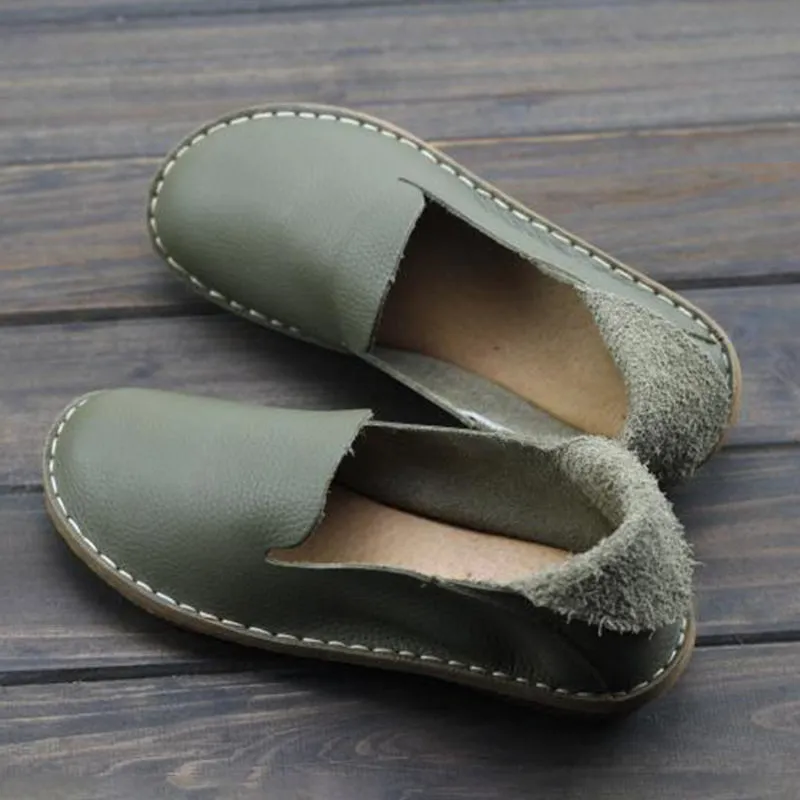 Loafers For Women Handmade Leather Flats Coffee/Blue/Green/Black