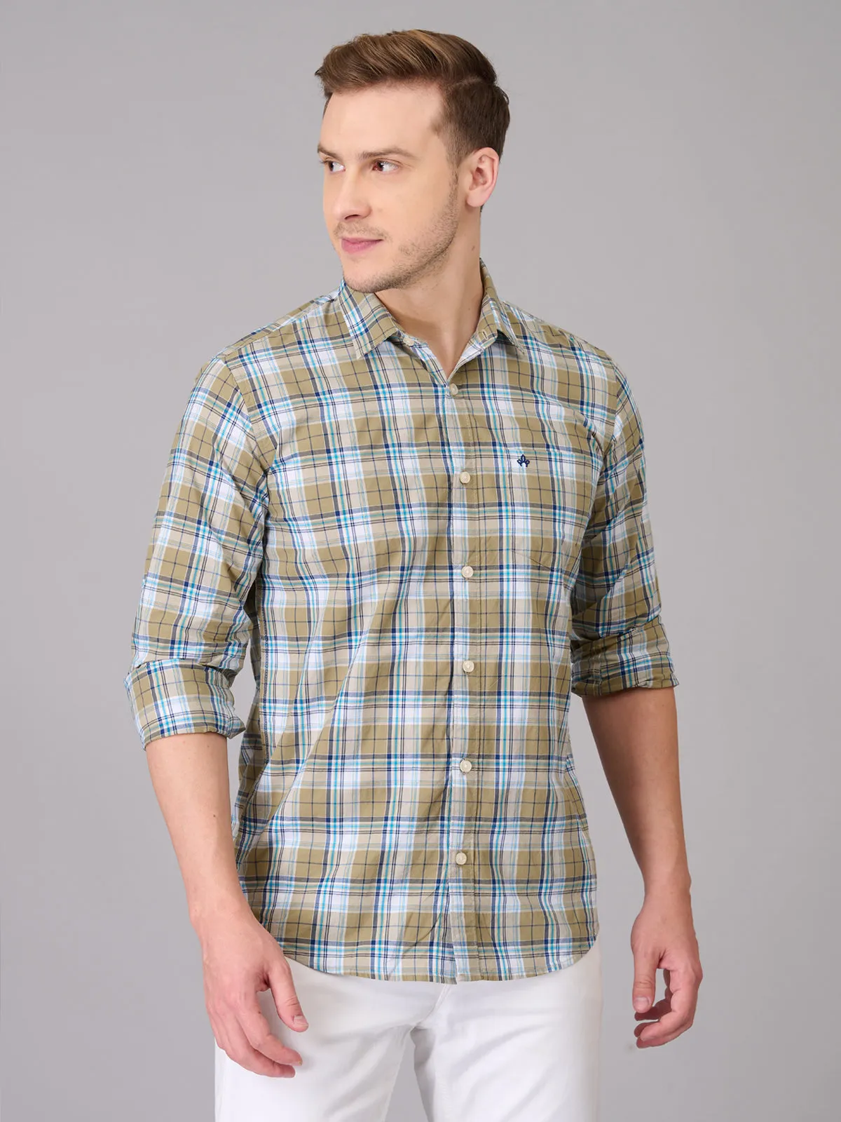 Men Light Khaki Quad Checks Cotton Shirt (GBHM23ED14)