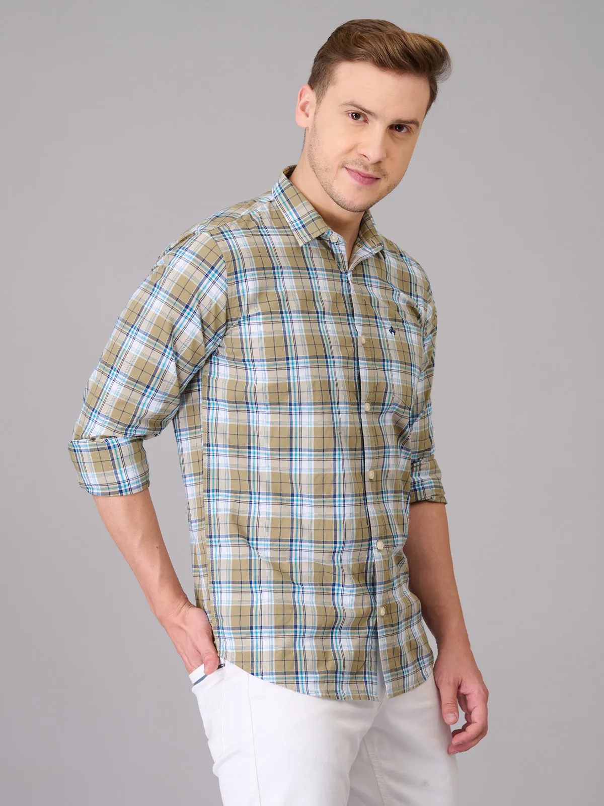 Men Light Khaki Quad Checks Cotton Shirt (GBHM23ED14)