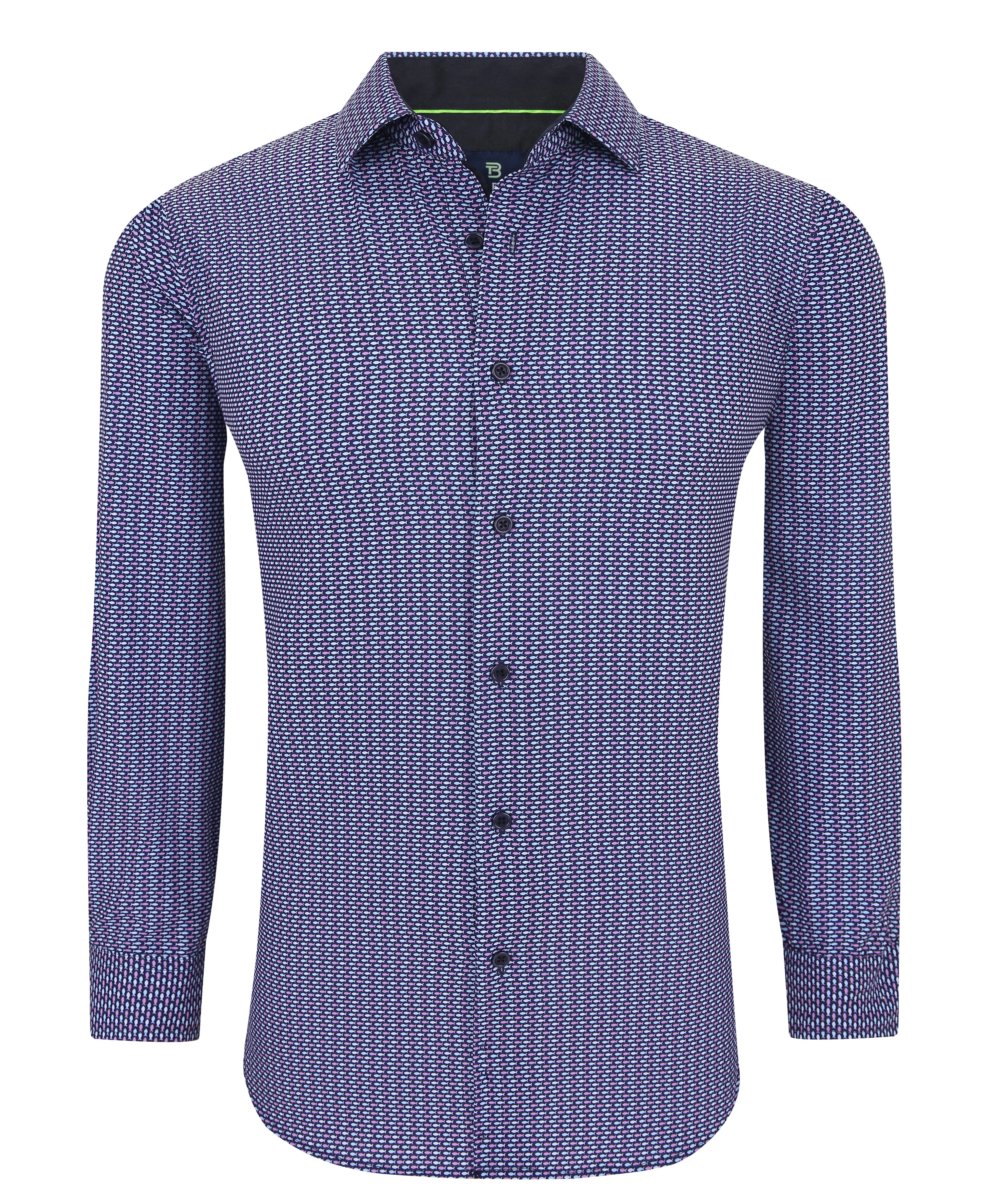 Men's Slim Fit Performance Long Sleeve Navy Printed Shirt