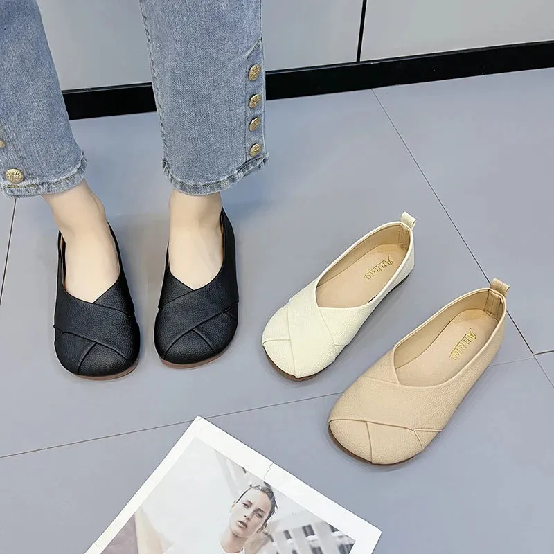 Merendy Flessibile Slip-on Leather Round Toe Cute Flats Loafers