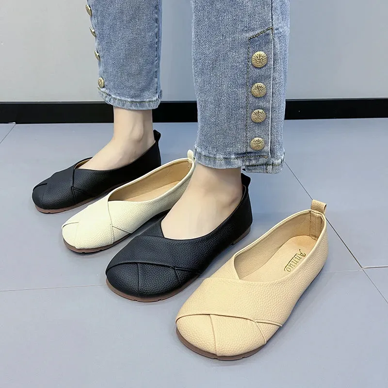 Merendy Flessibile Slip-on Leather Round Toe Cute Flats Loafers