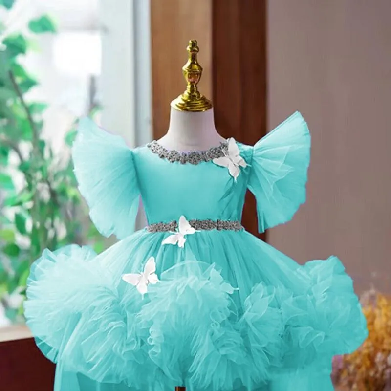 New style girls birthday party butterfly fluffy evening dress with tail mesh girl princess dress