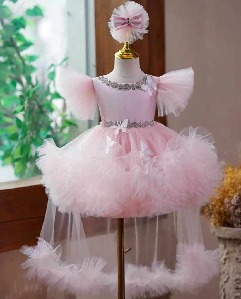 New style girls birthday party butterfly fluffy evening dress with tail mesh girl princess dress